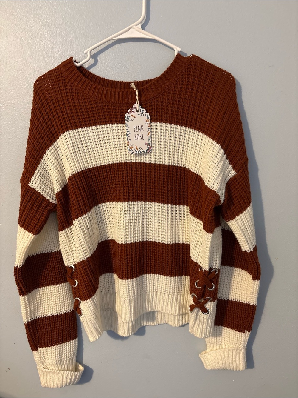 Pink Rose Rust and Cream Wide-Stripe Lace-Up Crew Sweater